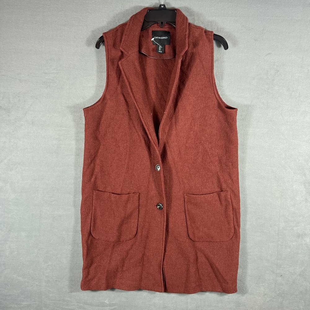 Cynthia Rowley Women's Rust Wool Blend Long Button Vest Size L Pockets Collared